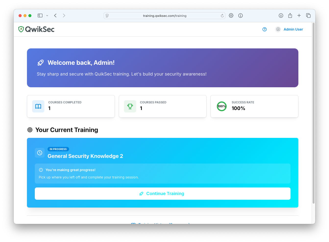User Dashboard - View training progress